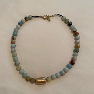 Blue and Gold Beaded Short Necklace